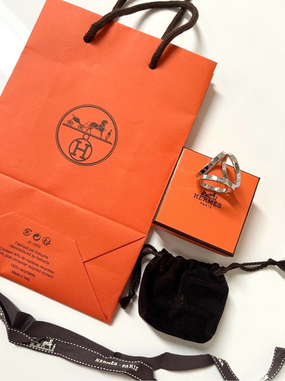 Hermes Trio Palladium Plated Scarf 90 Ring Silver Tone New With Packaging